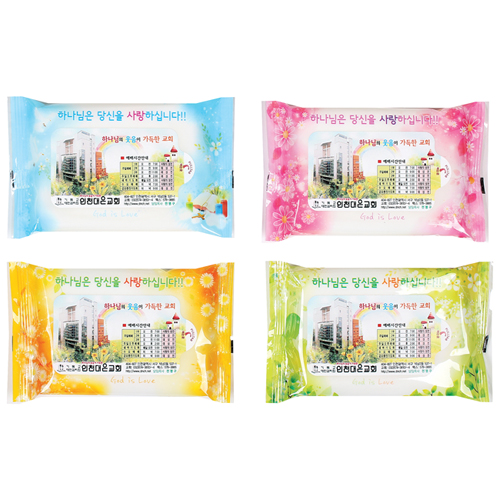 [10매]전도 물티슈(고급)-교회용 A 4종 36g (노랑,분홍,연두,하늘)-자동칼라라벨 스티커 부착발송